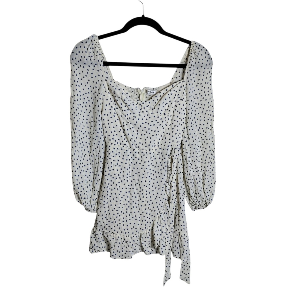 Reformation Polka Dot Long Sleeve Mini Dress Cream Blue Size 2 Smocked Back Tie